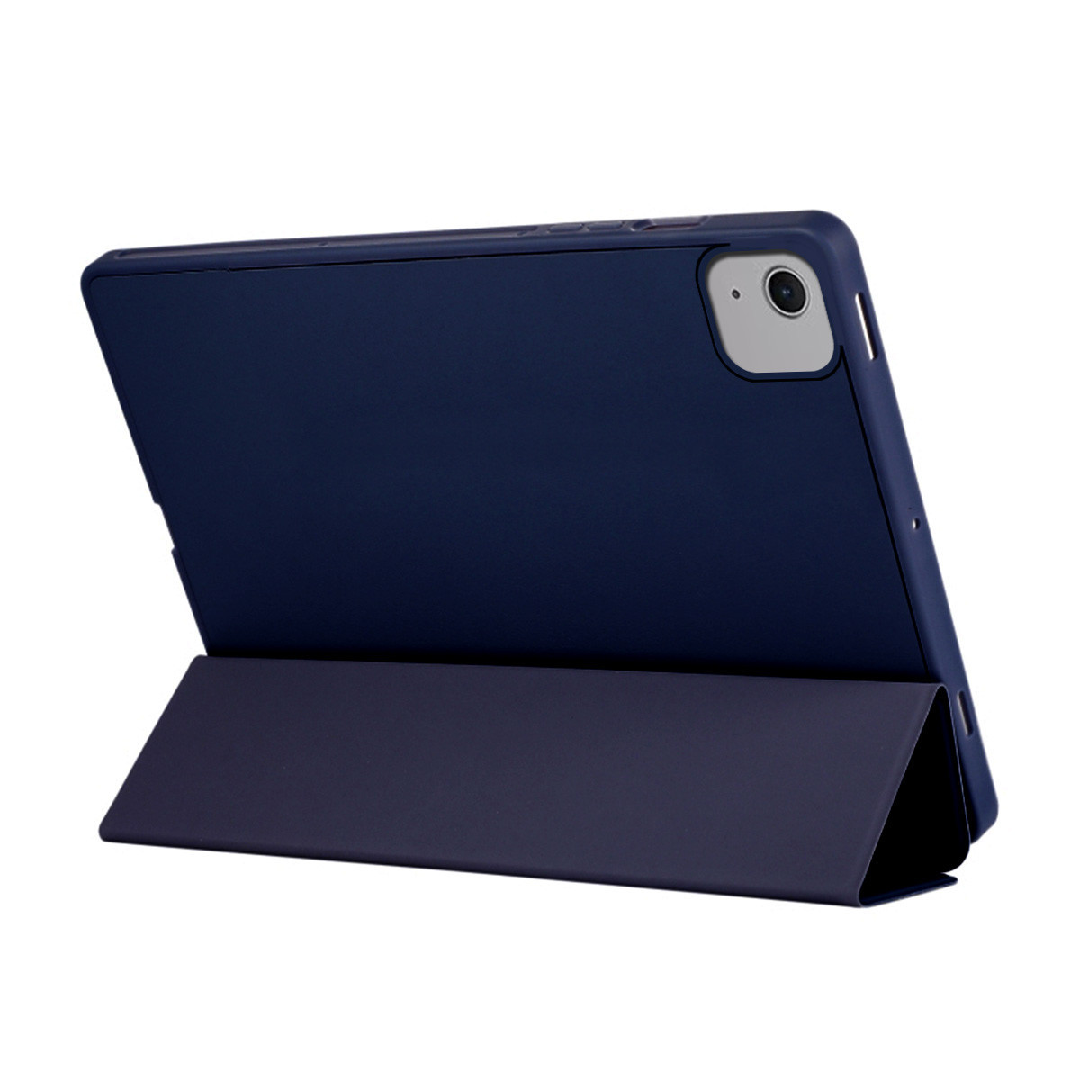 Tableta azul oscuro con funda, apoyada sobre fondo blanco.