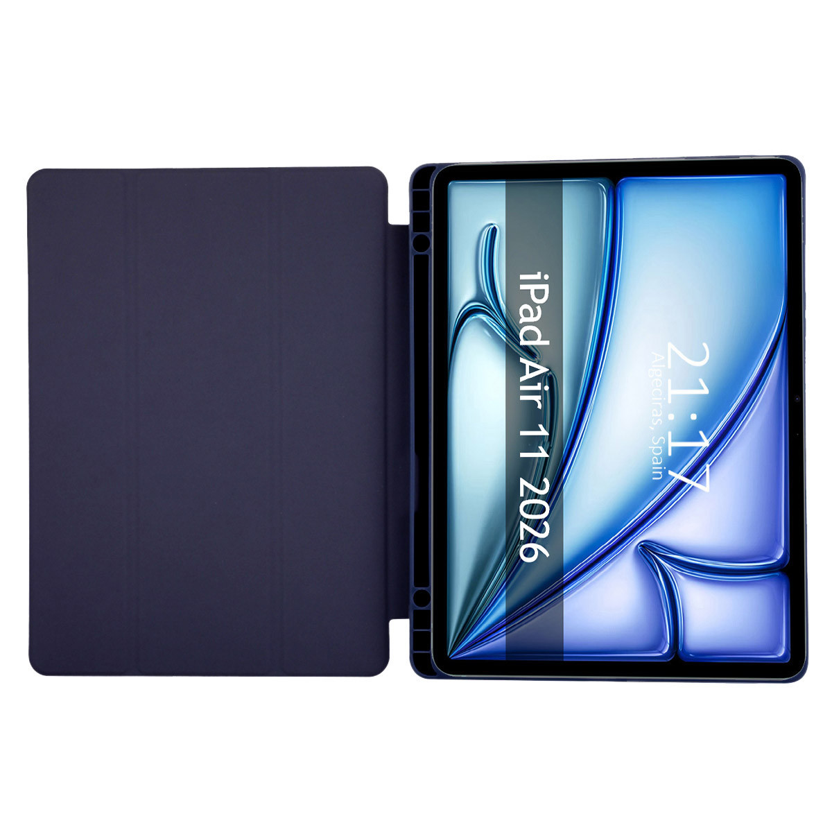 Una tableta azul oscuro con la funda abierta. La pantalla muestra la hora 21:17.