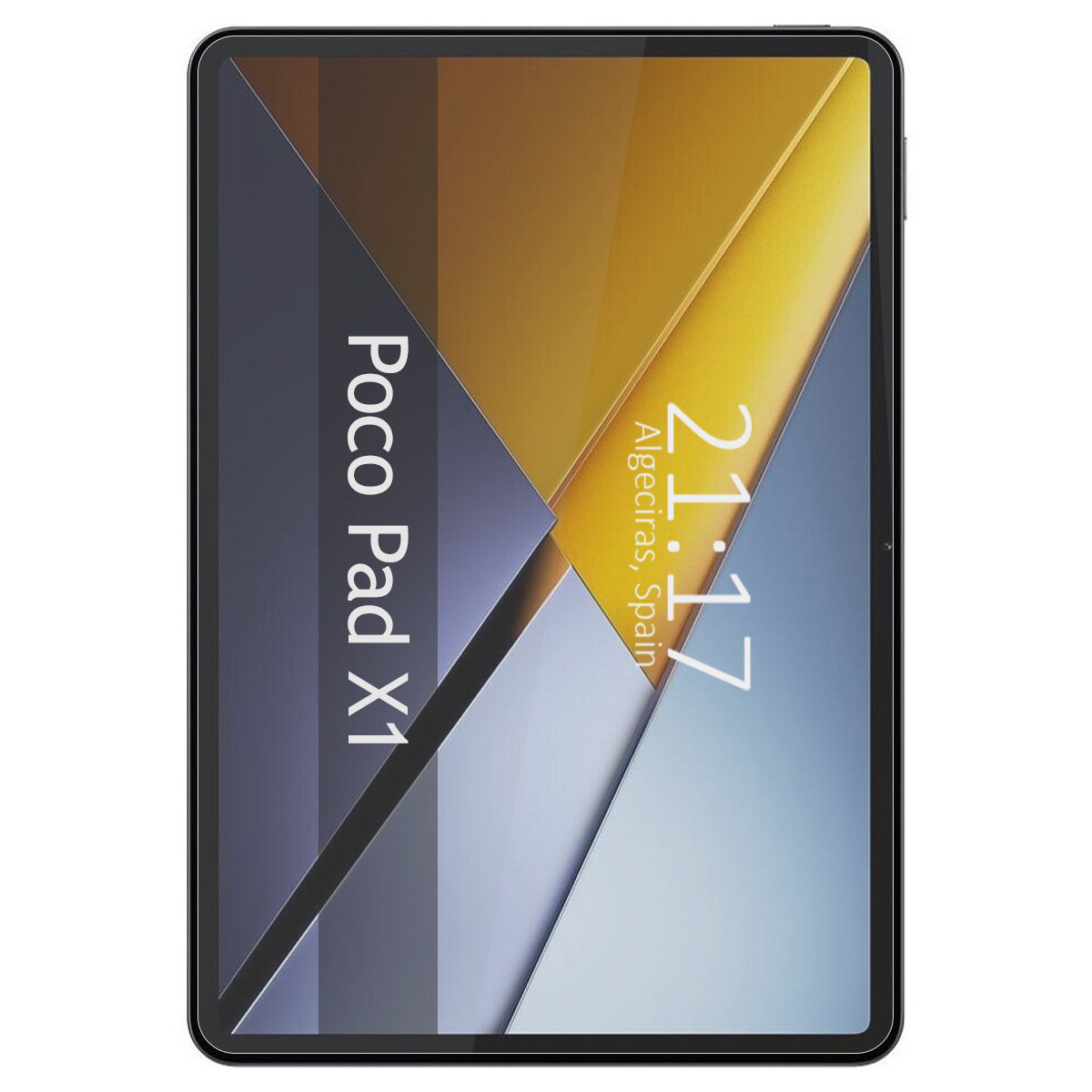 Tablet Poco Pad X1 con gráfico de fondo abstracto y hora 21:17.