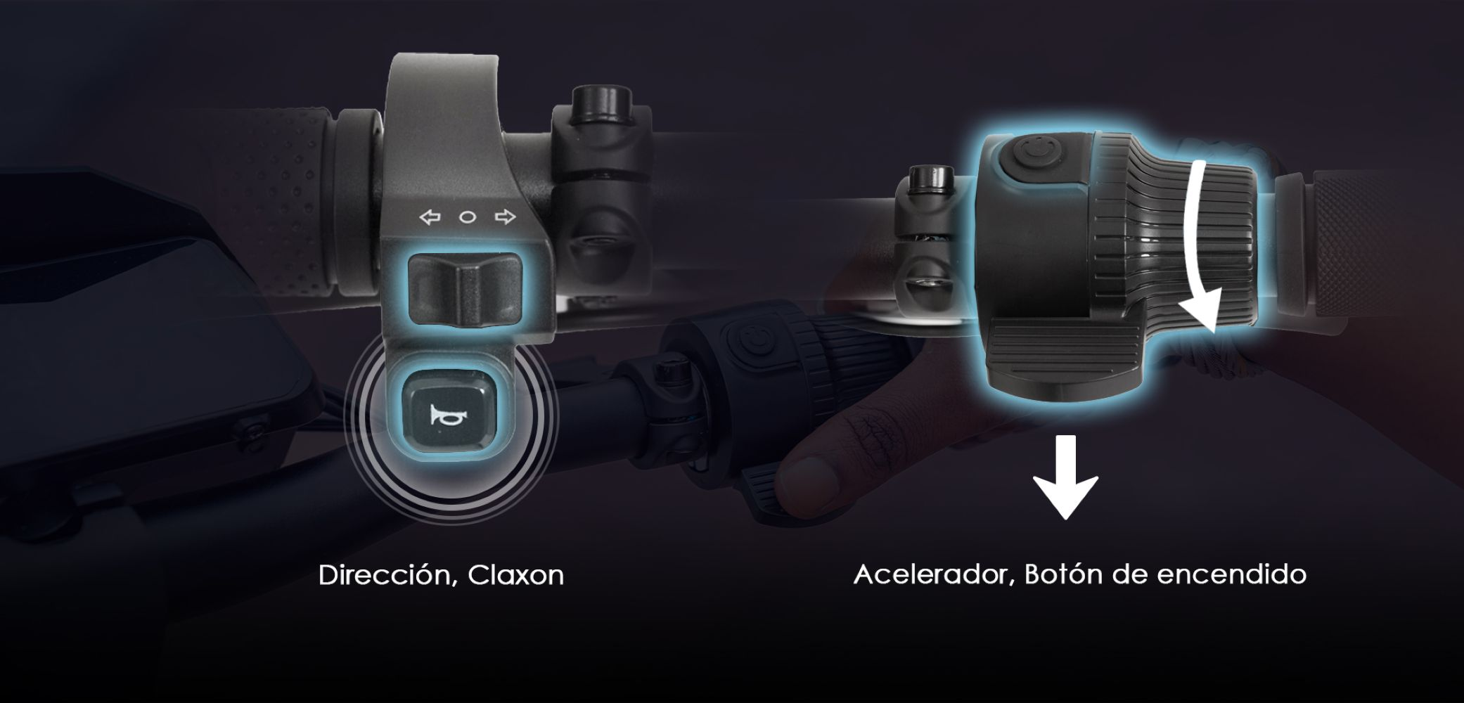 Manillar de patinete eléctrico: bocina, intermitente y acelerador.