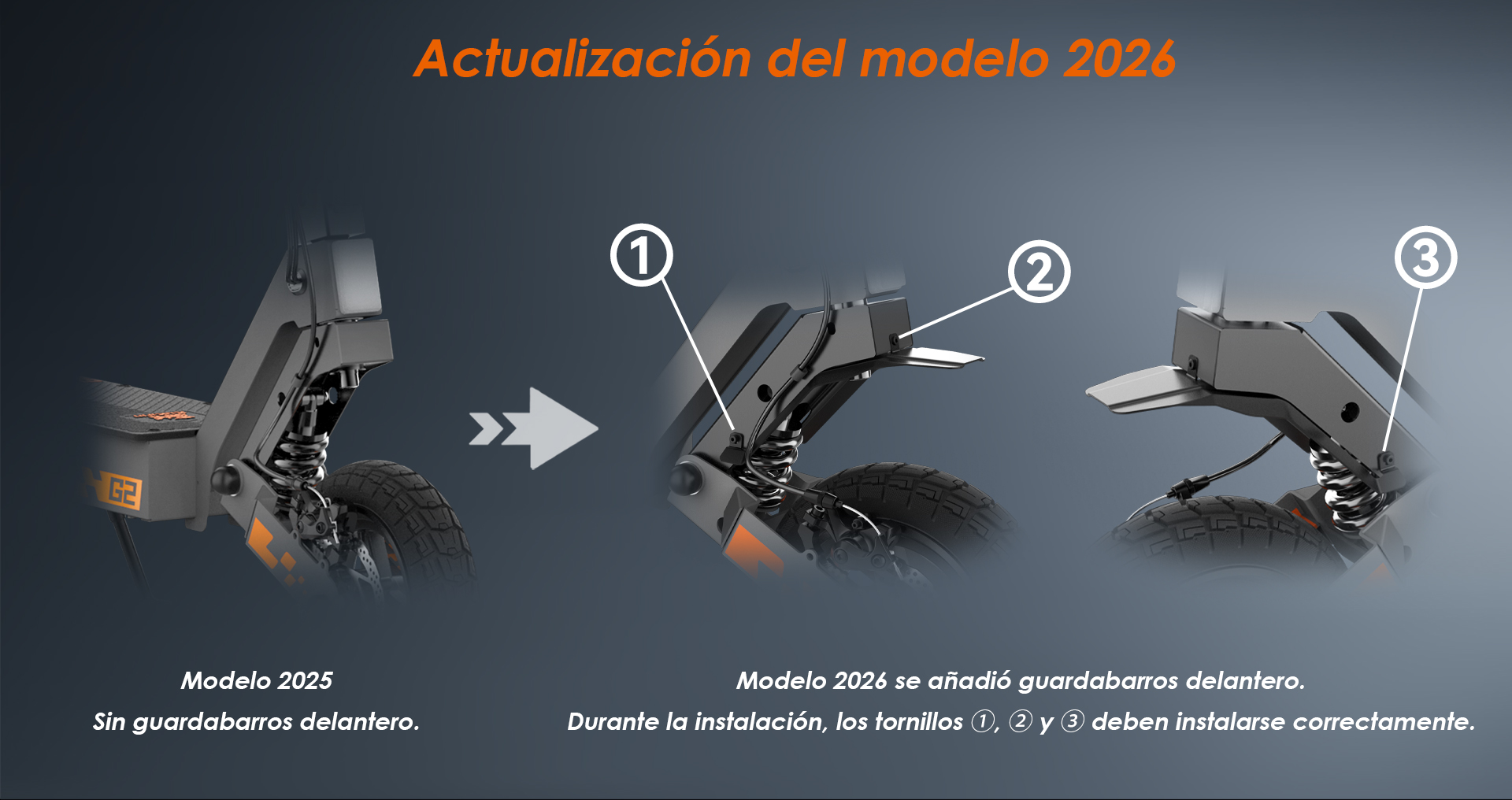 Guía paso a paso que muestra la adición de un guardabarros delantero a un patinete eléctrico.
