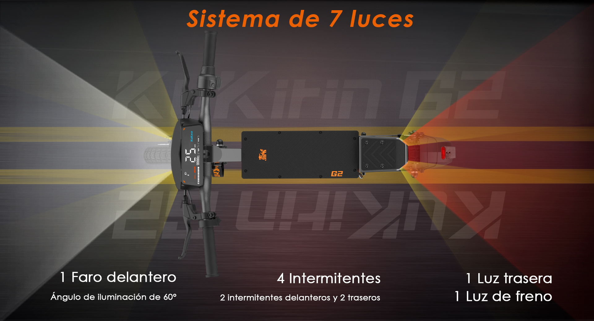Un patinete eléctrico con luz delantera, intermitentes y luz trasera. Sistema 7 luces.