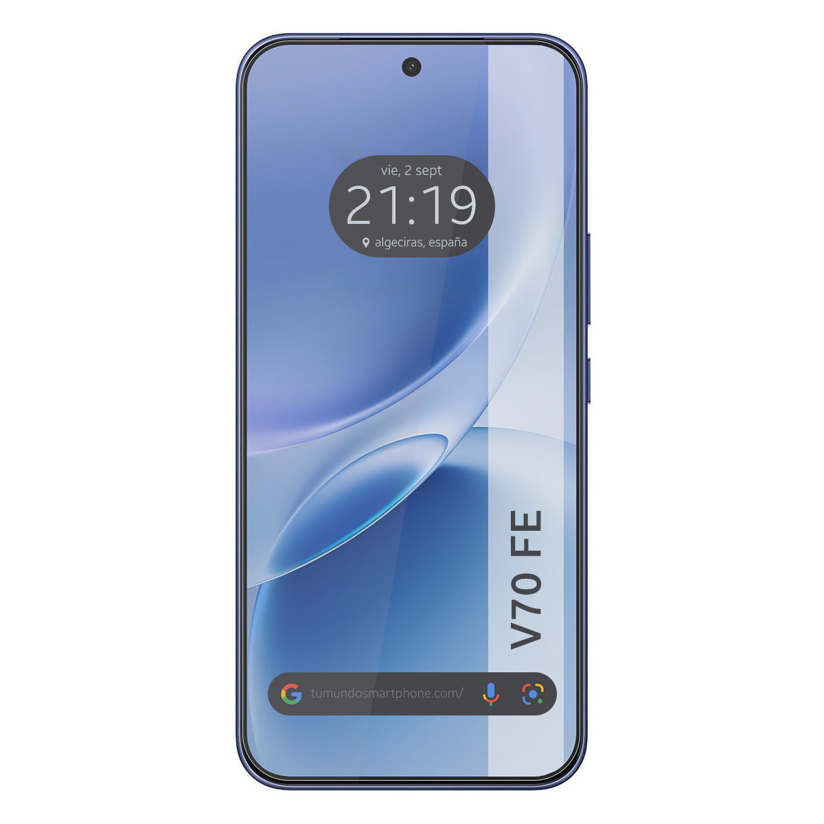 Un smartphone azul muestra las 21:19, Algeciras, España y V70 FE.