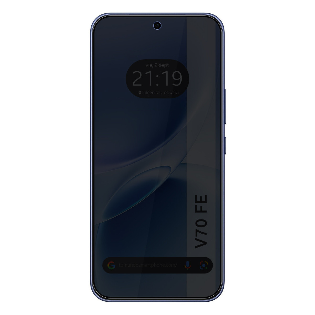 Un smartphone oscuro que muestra el texto 'V70 FE' y la hora 21:19.