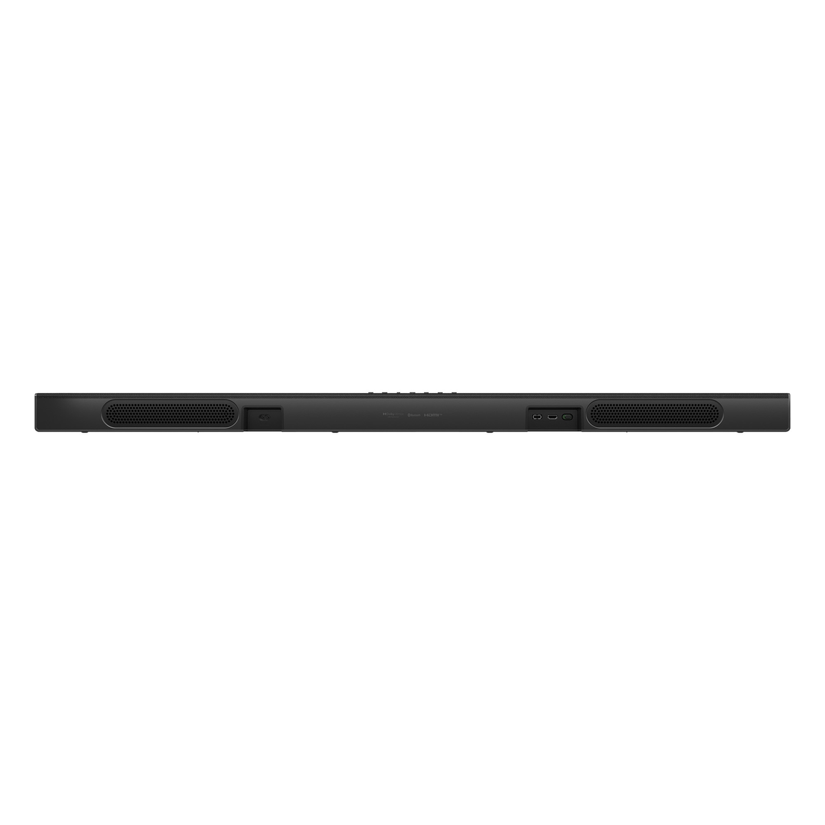 Soundbar nero con griglie altoparlanti e porte posteriori. Loghi Dolby, Bluetooth, HDMI.