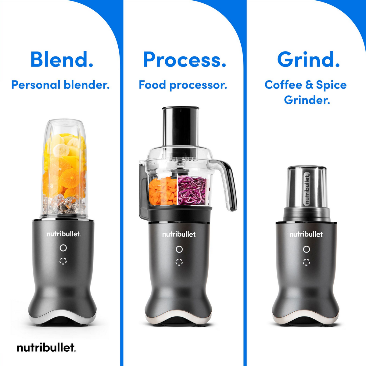 Elettrodomestici Nutribullet: frullatore con frutta, food processor con verdure, macinacaffè.