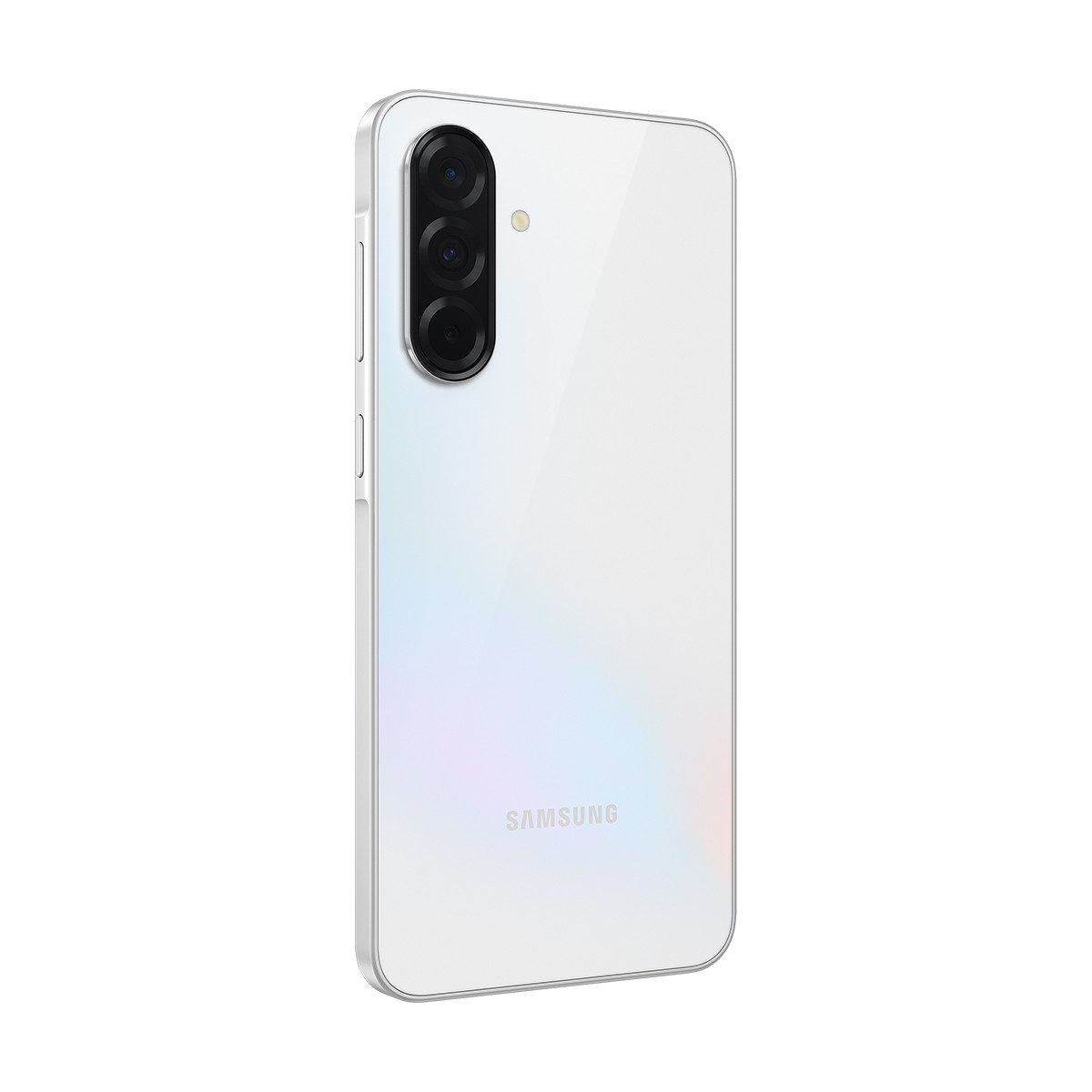 Üç kameralı beyaz Samsung akıllı telefonun arkası, gümüş çerçeveli.