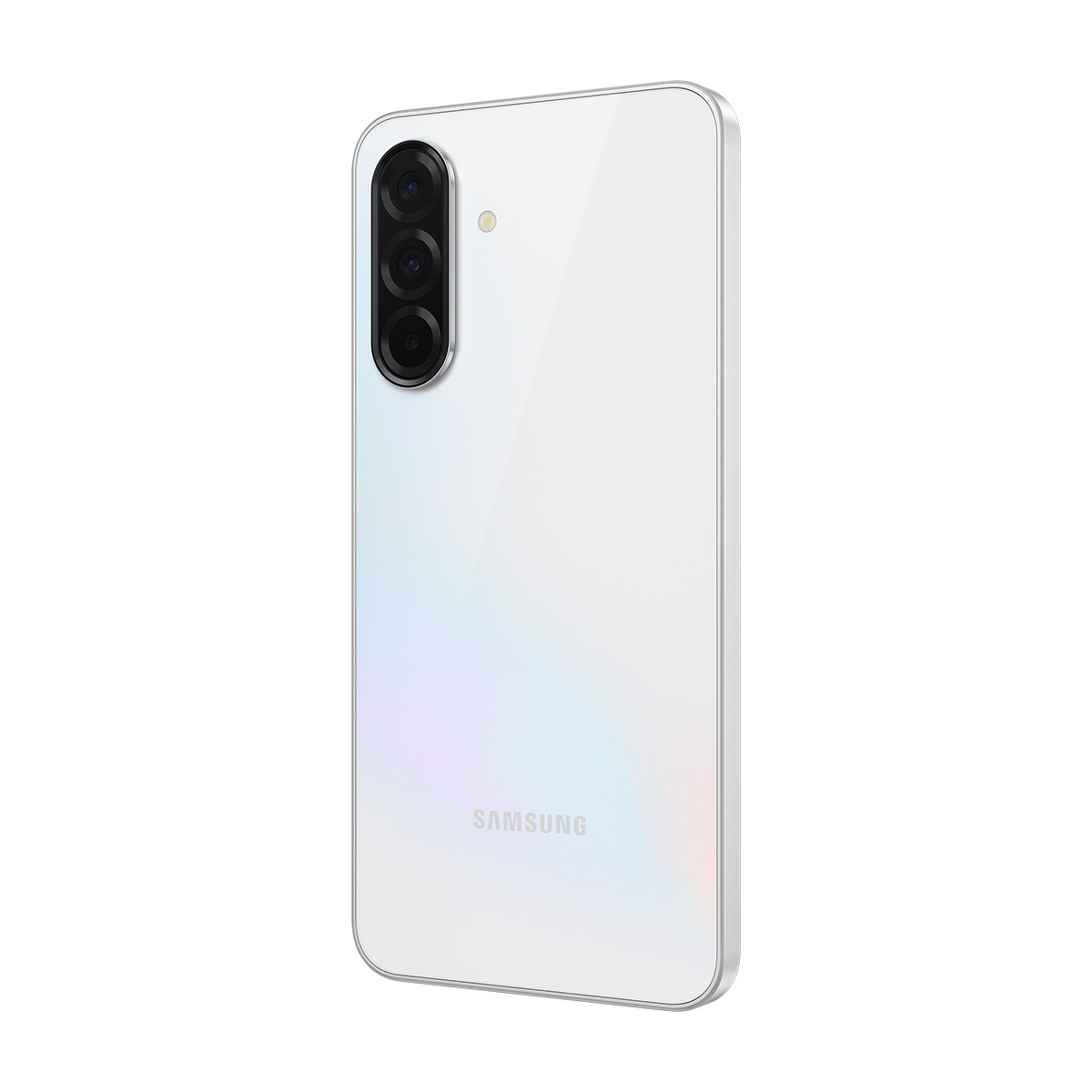Üç arka kameraya sahip beyaz bir Samsung akıllı telefon.