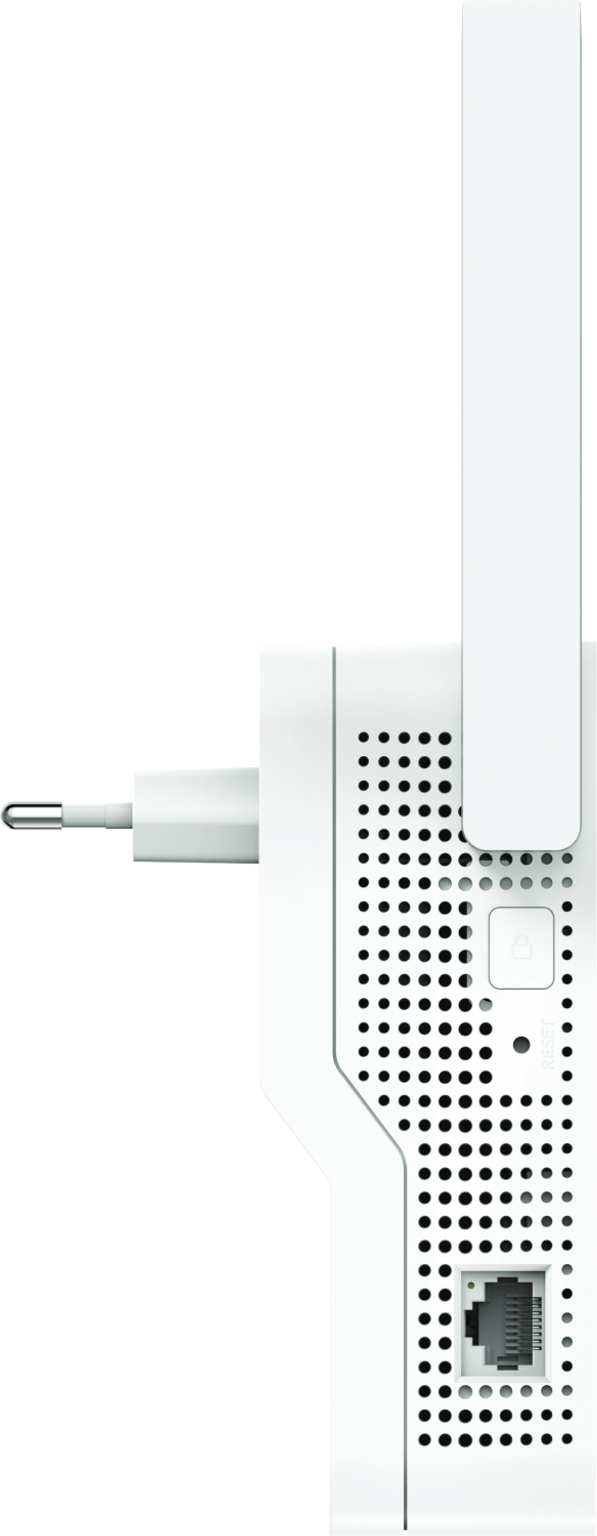 Router blanco con enchufe, antena, botón de reinicio y puerto Ethernet en lado perforado.
