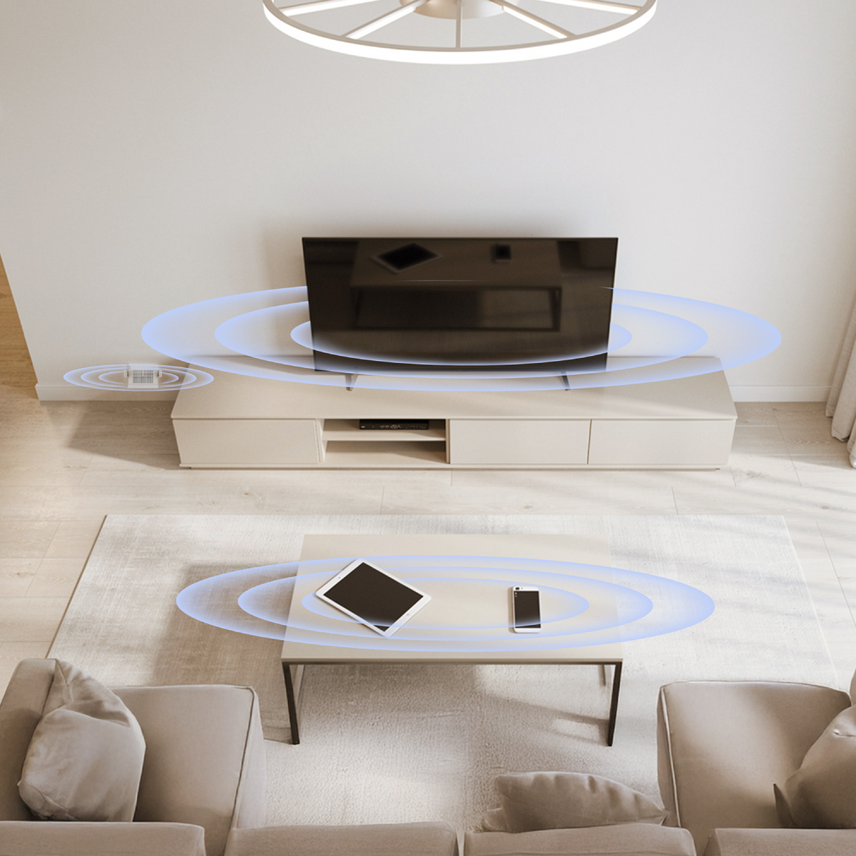 Televisor, tableta, smartphone y altavoz con patrones de onda en una sala.