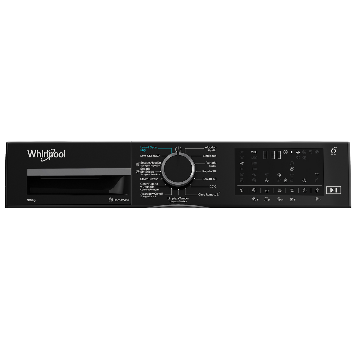Lavadora Whirlpool negra con pantalla y dial de selección de programas.