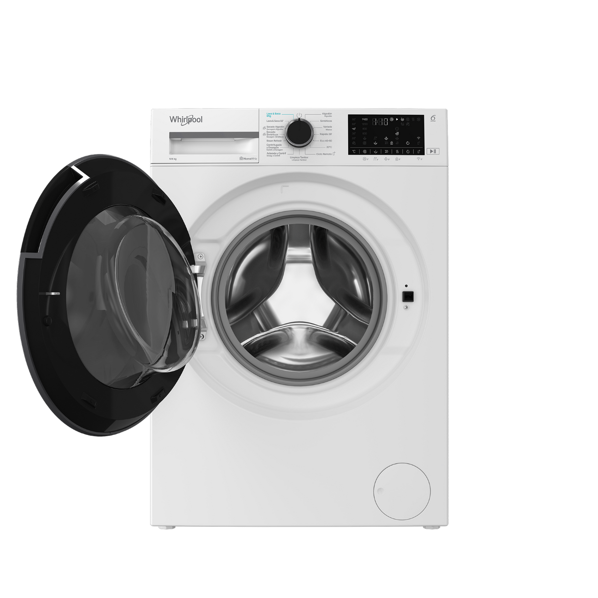 Una lavadora blanca Whirlpool con la puerta abierta, mostrando el tambor plateado.