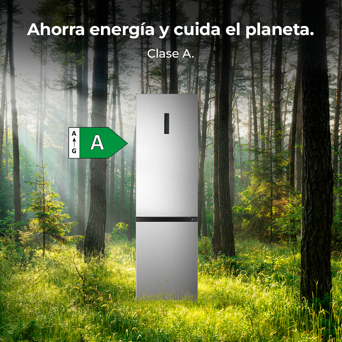 Un frigorifero argentato in una foresta soleggiata con etichetta energetica.