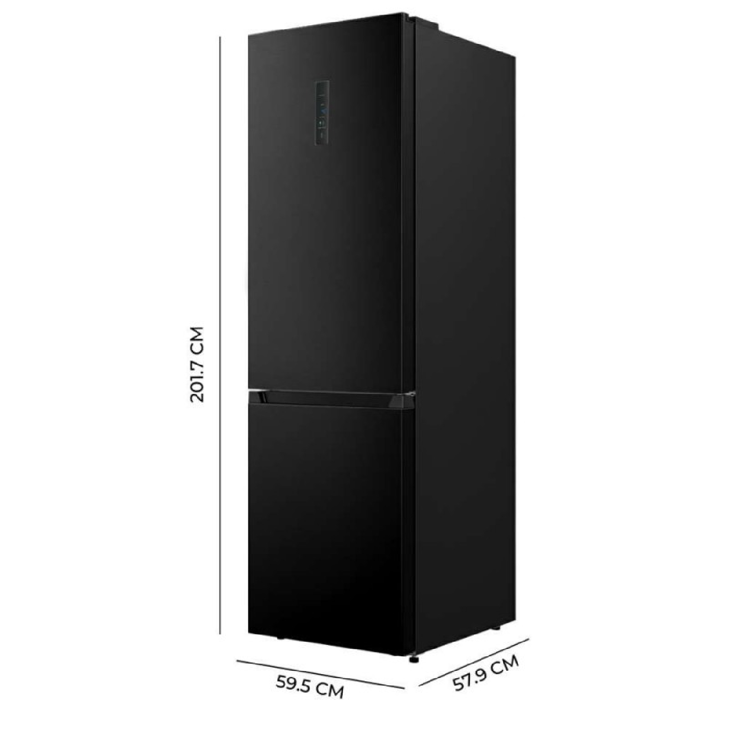 Frigorifero nero con dimensioni 201,7 x 59,5 x 57,9 cm.