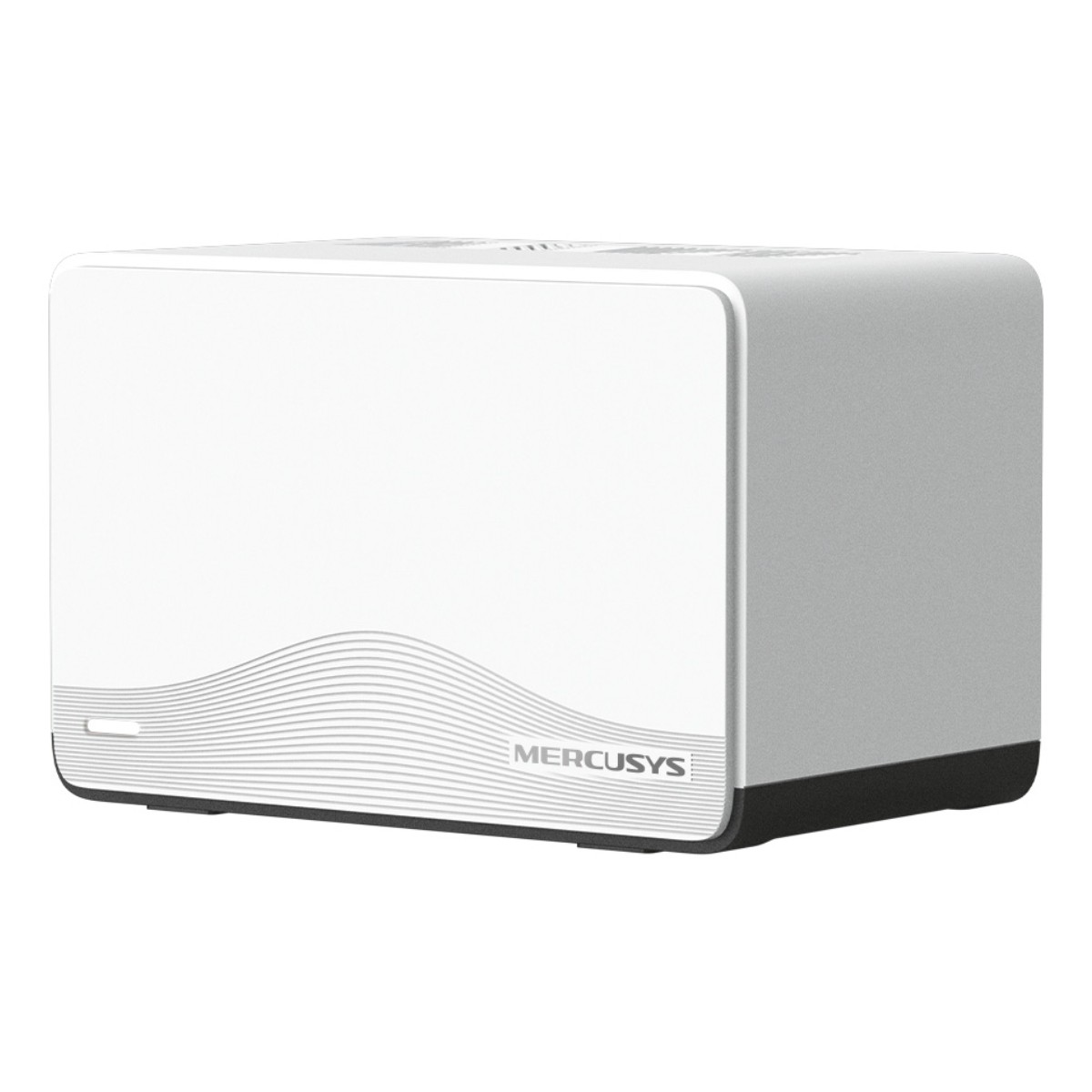 Un router Mercusys blanco y plateado con líneas onduladas en su panel frontal.