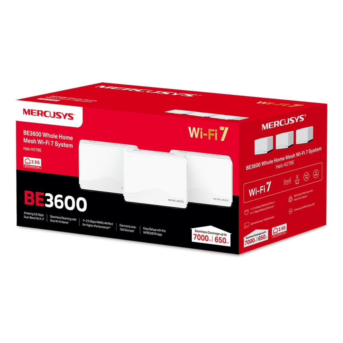 Caja de MERCUSYS BE3600 Whole Home Mesh Wi-Fi 7 System con tres dispositivos blancos.