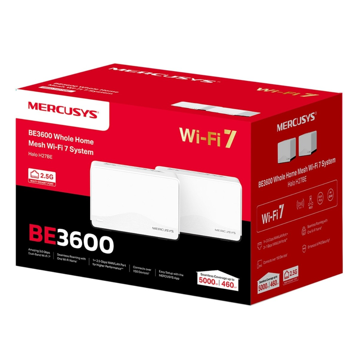 Sistema Wi-Fi 7 Mesh Mercusys BE3600 con dos unidades blancas y embalaje rojo.