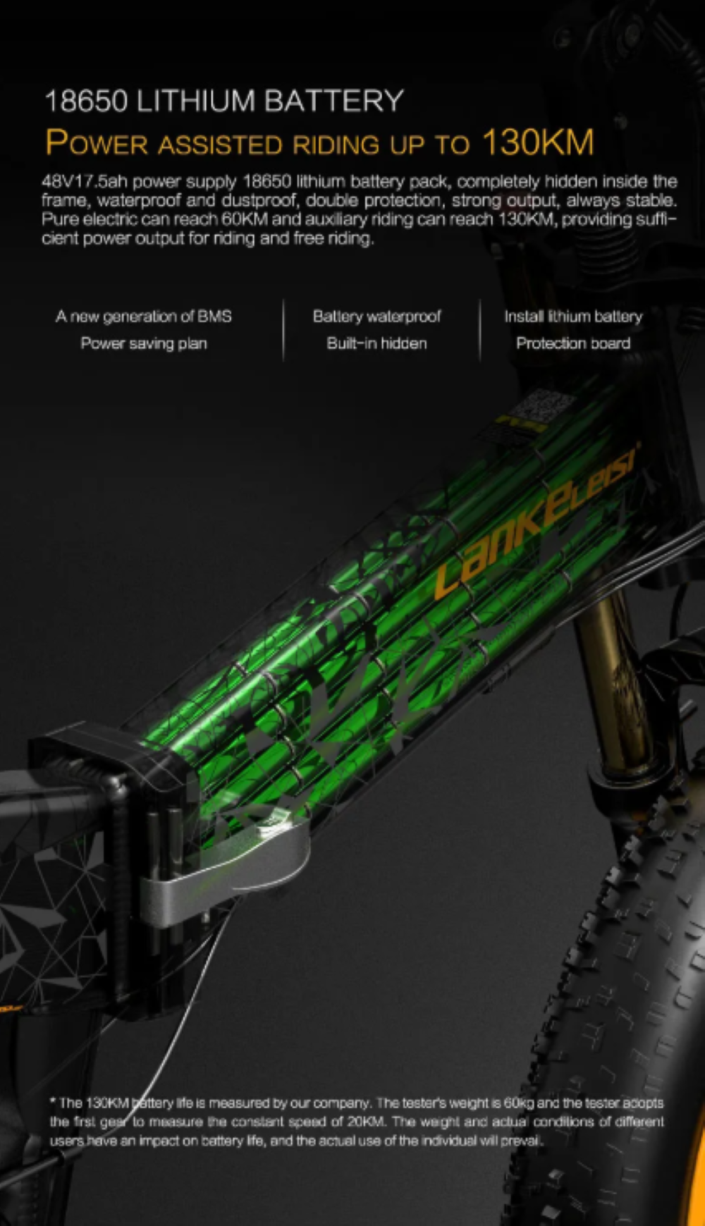 Paquete de baterías de litio verdes con celdas 18650, integrado en un cuadro de e-bike.
