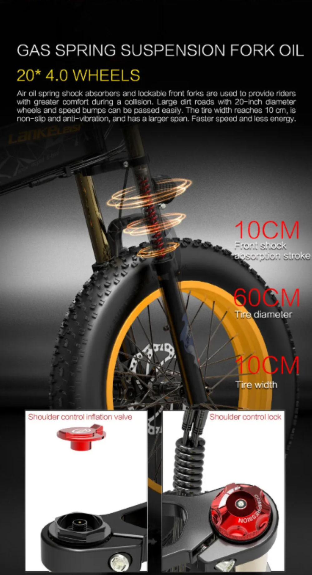 Horquilla de bicicleta de llanta ancha con ruedas 20x4.0, 10cm carrera, 60cm diam.