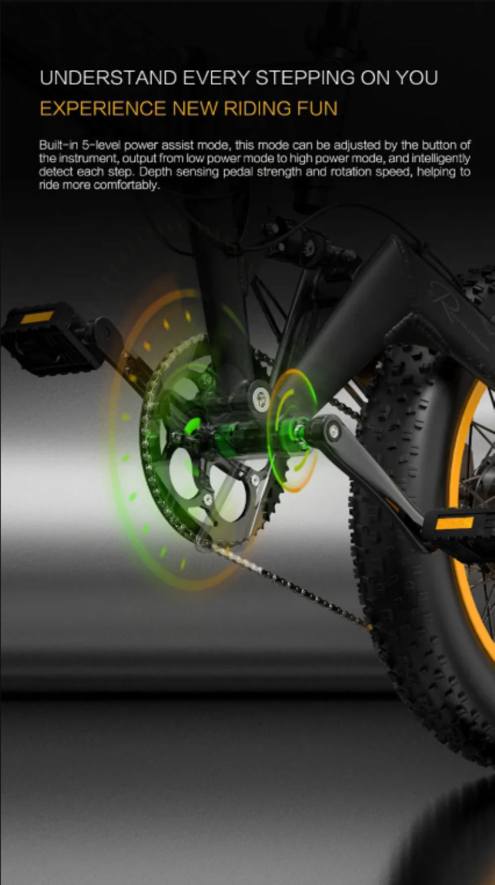 Primer plano del juego de bielas y pedales de una bicicleta eléctrica con anillos verdes y naranjas brillantes.