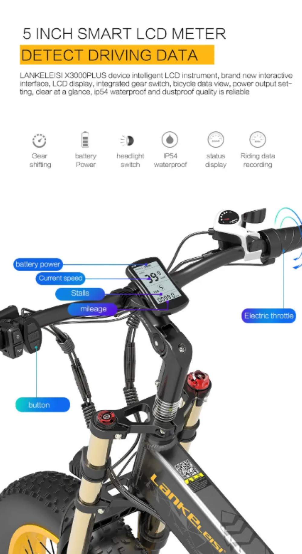 Primer plano del manillar de una bicicleta eléctrica con pantalla LCD que muestra velocidad y kilometraje.