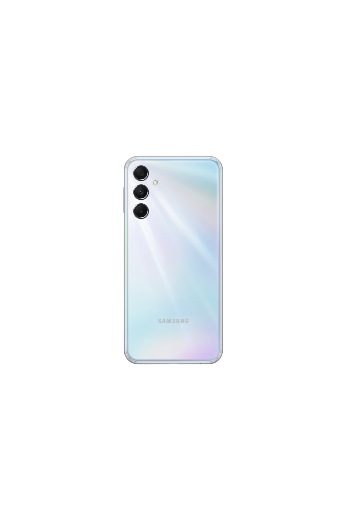 Üç kameralı, Samsung logolu açık renkli akıllı telefonun arkası.