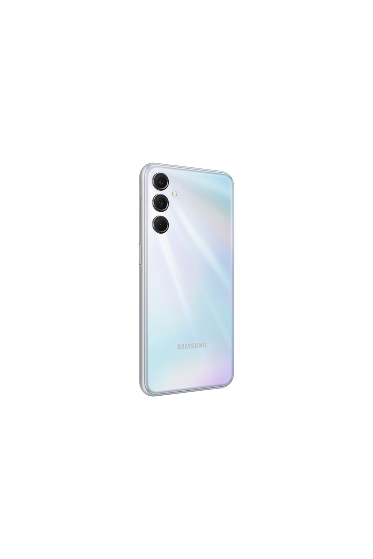 Arkada üç kamerası bulunan beyaz bir Samsung akıllı telefon.
