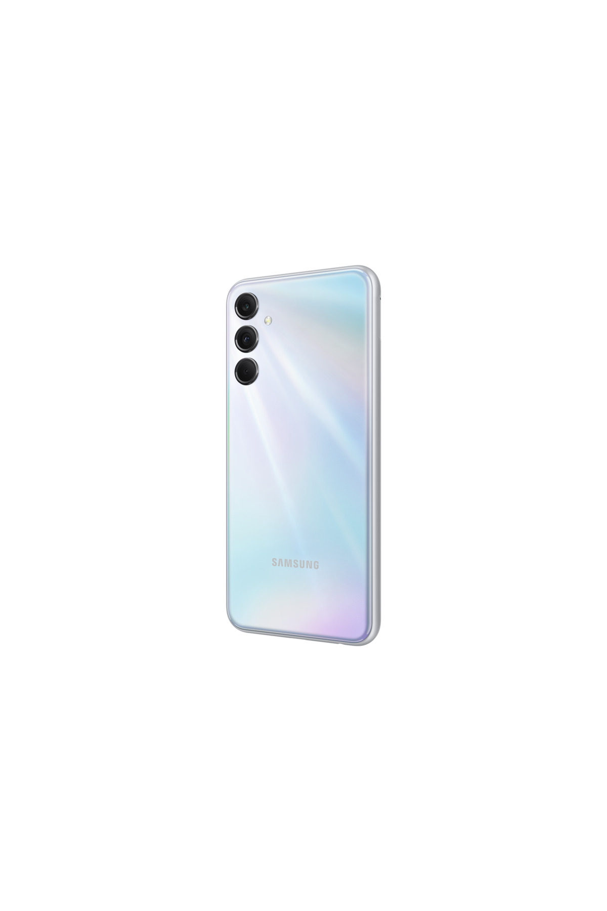 Üç kameralı ve logolu beyaz Samsung akıllı telefonun arkası.