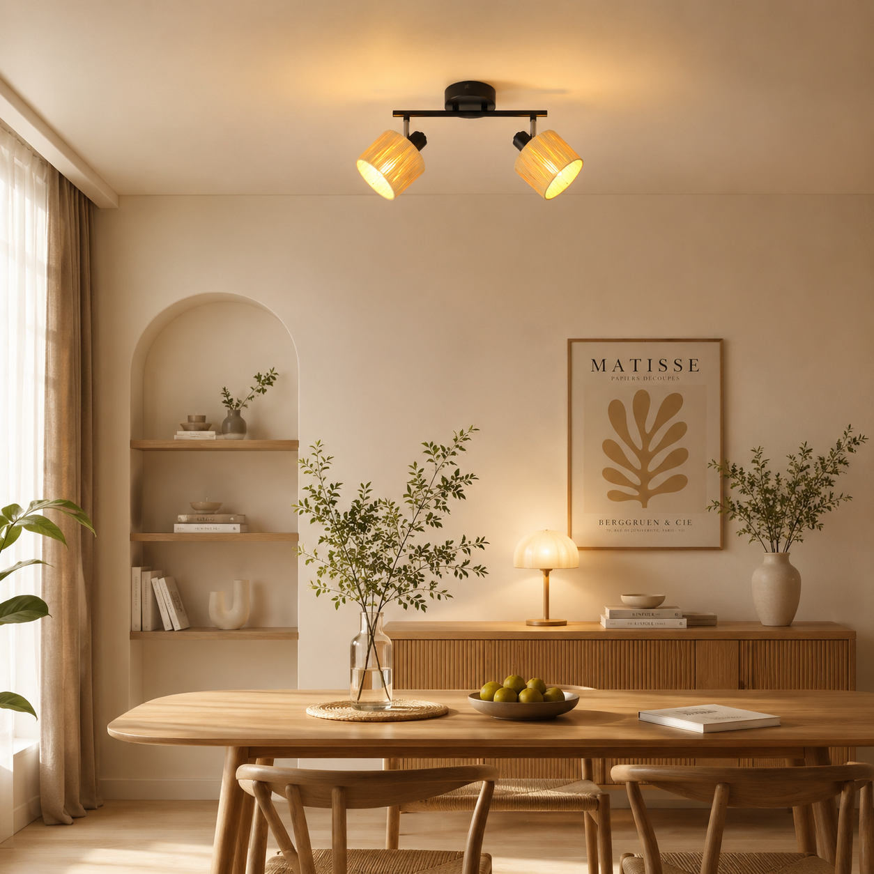 Una sala da pranzo con tavolo in legno, sedie, credenza e stampa Matisse.
