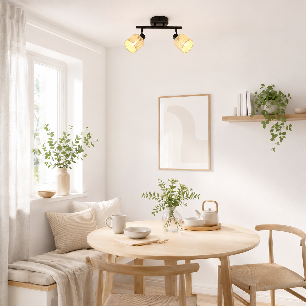 Una luminosa zona pranzo con tavolo in legno, sedie, panca e piante.