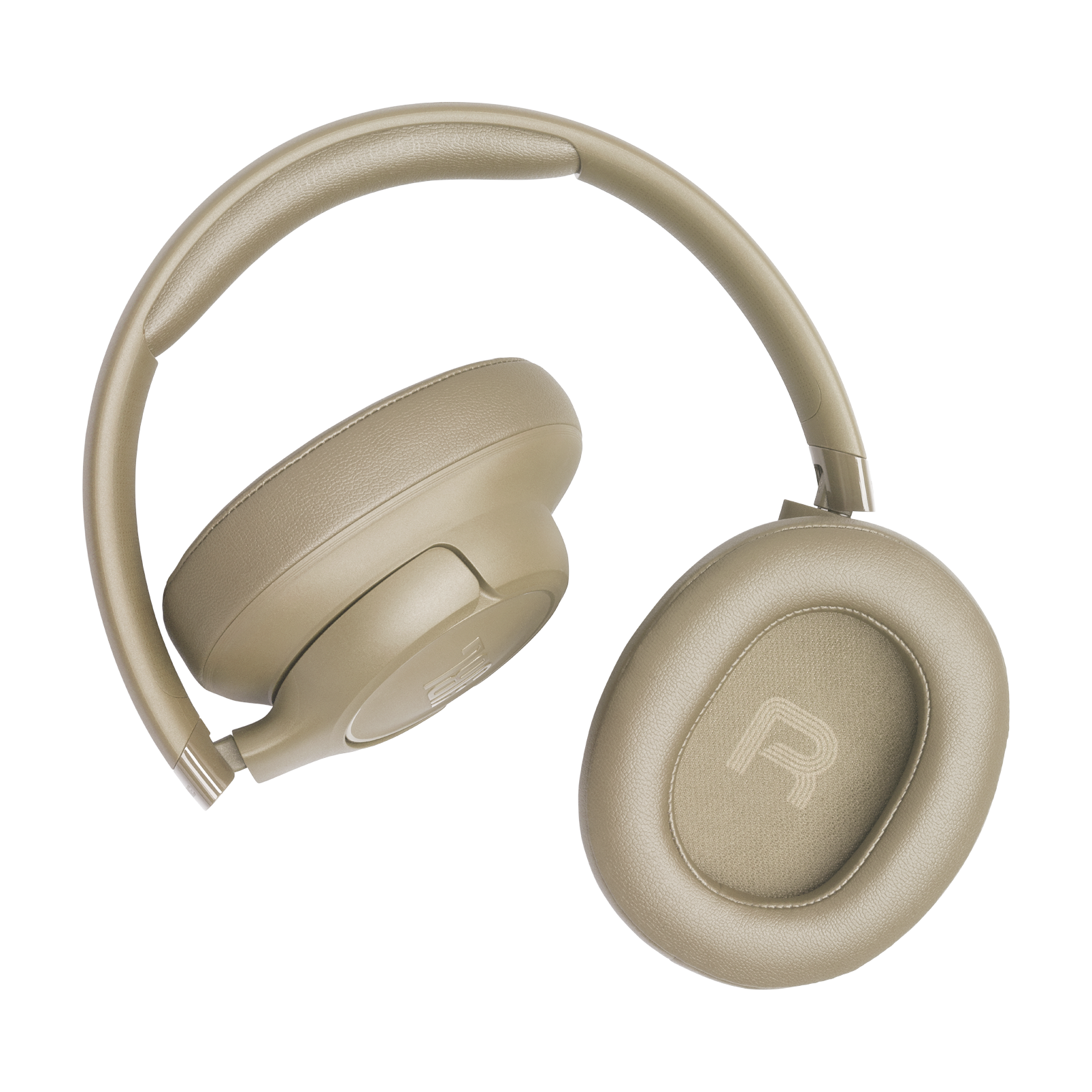 Cuffie beige con padiglioni e archetto imbottito. Il padiglione destro mostra una R.