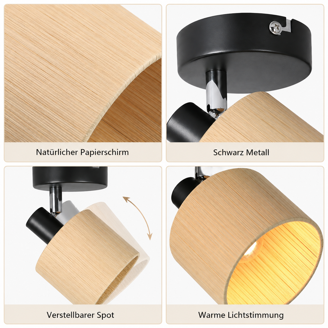 Plafoniera con paralume effetto legno, metallo nero, regolabile. Illuminazione calda.