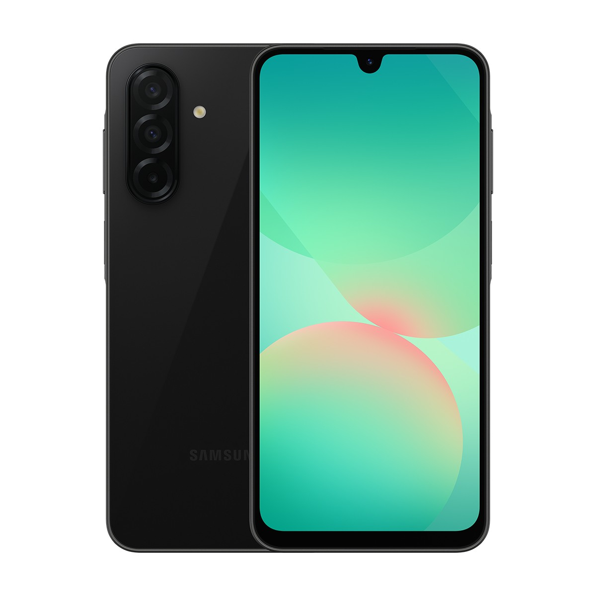 Arkada üçlü kamera kurulumuna sahip siyah akıllı telefon ve renkli ekran.