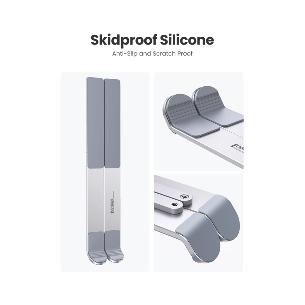 Zusammengeklappte Laptopständer aus Aluminium mit Silikonpads.
