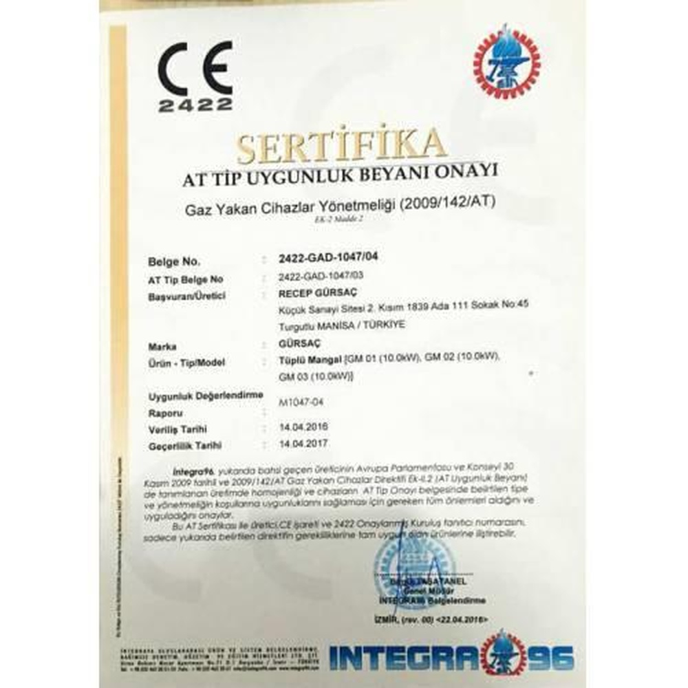Gazlı cihazlar için CE sertifikası, model: Tüplü Mangal, veren: INTEGRAM.