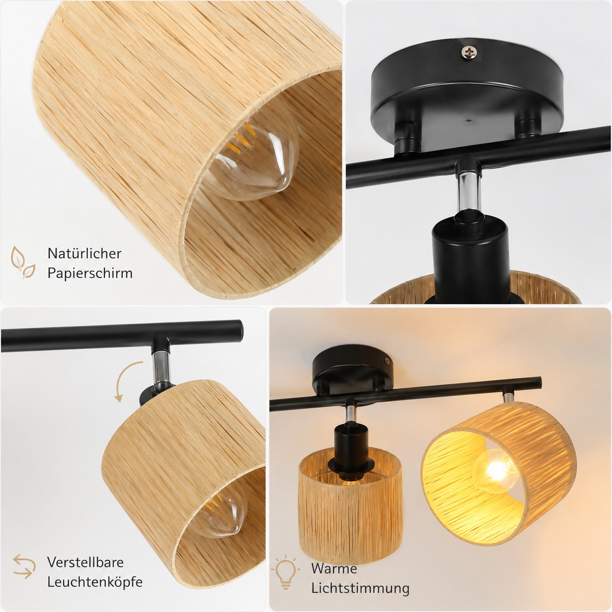Lampada da soffitto con due paralumi regolabili in carta naturale.
