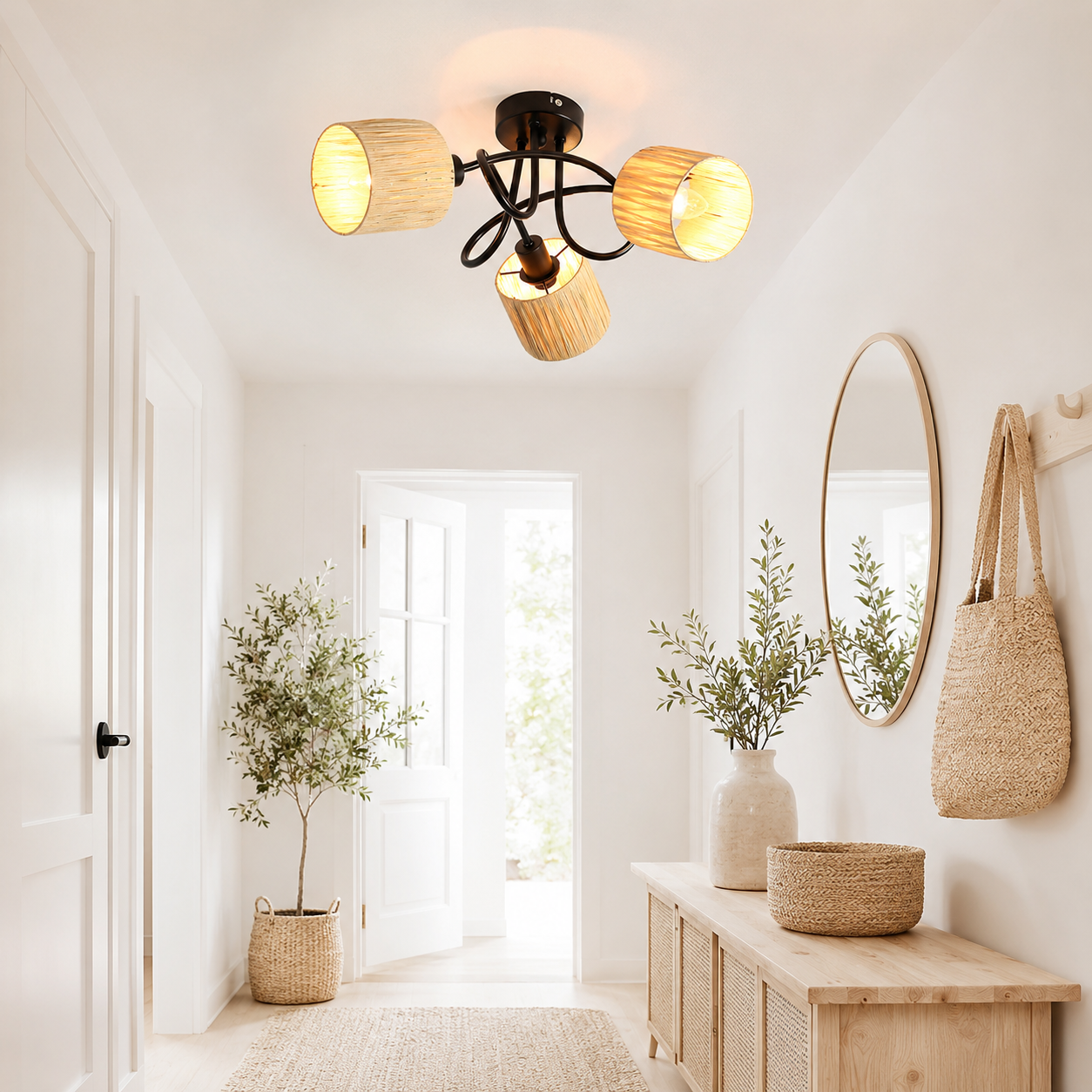 Corridoio con lampada da soffitto, specchio, borsa, pianta e panca.