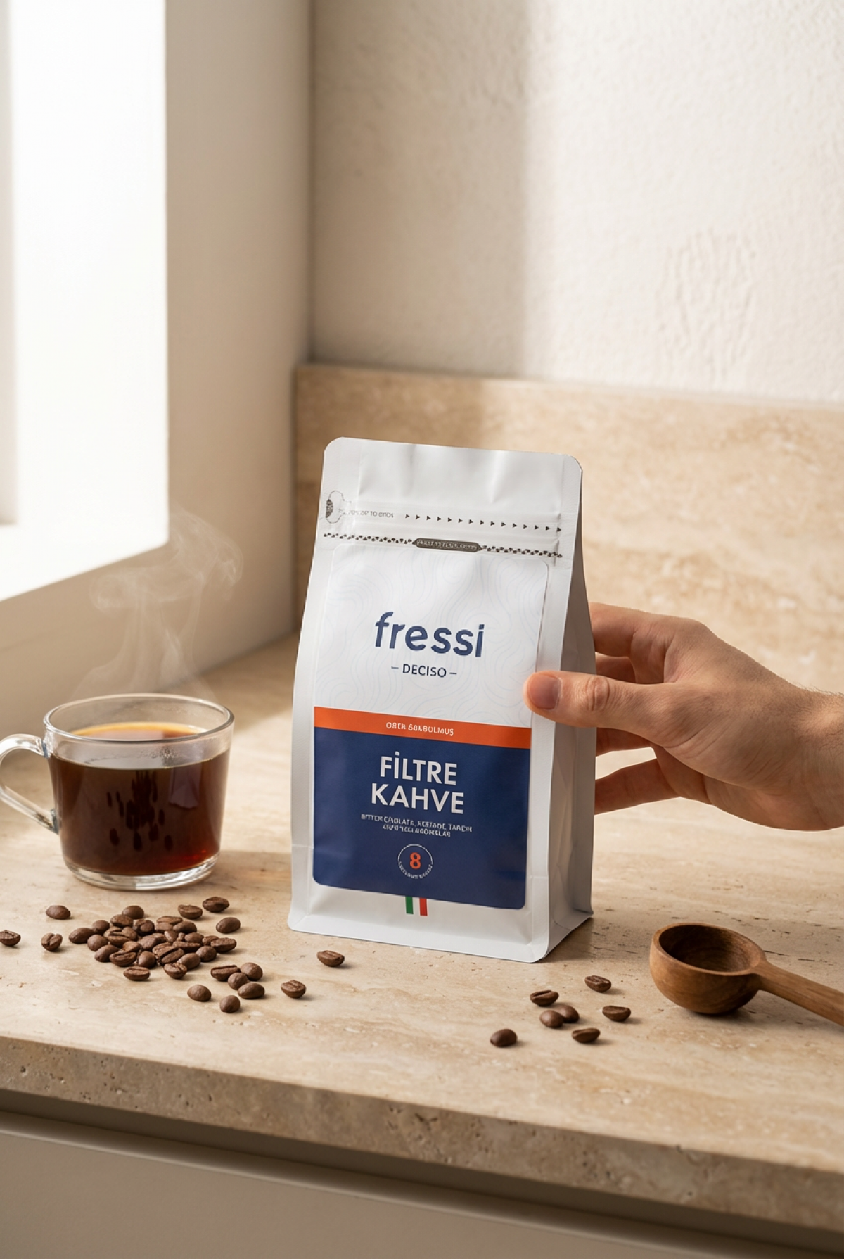 Bir fincan kahve ve bir paket Fressi filtre kahve taş tezgahta duruyor.