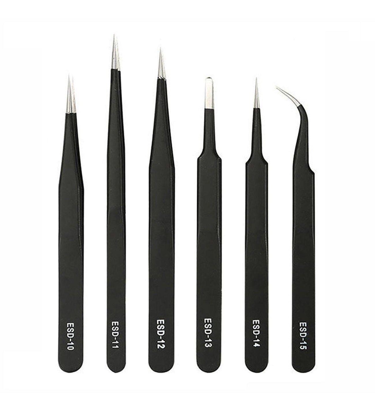 Çeşitli uçlara sahip altı siyah cımbız, soldan sağa ESD-10'dan ESD-15'e.
