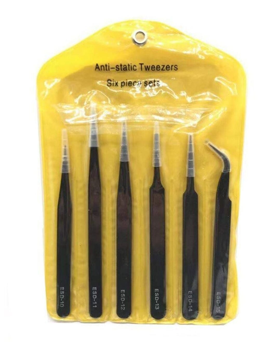 Sarı bir kılıfta altı adet antistatik cımbız, ESD-10'dan ESD-15'e etiketlenmiş.