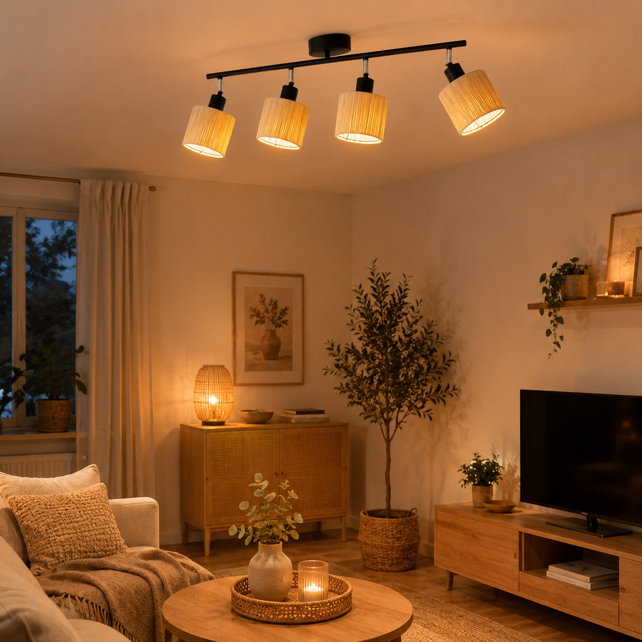 Un soggiorno con divano, tavolino, TV e lampada da soffitto.