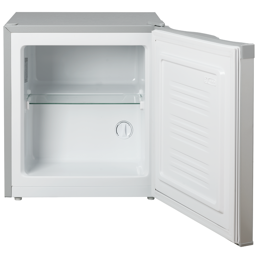 Un refrigerador blanco vacío con la puerta abierta y un estante de cristal.