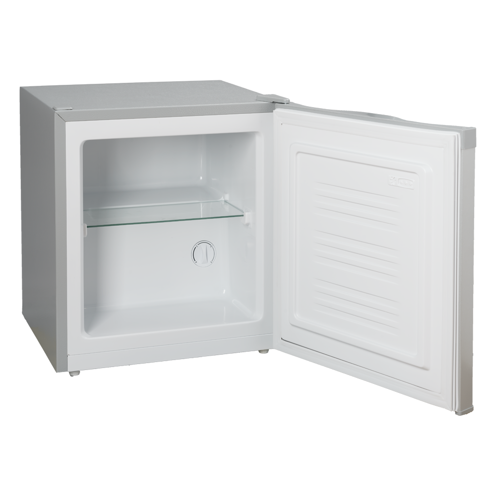 Un mini-refrigerador blanco con la puerta abierta y un estante de cristal.