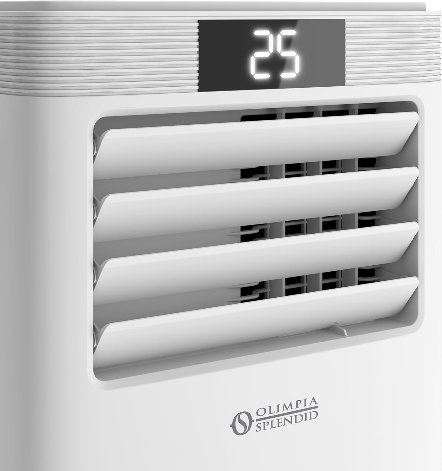 Witte airconditioner met lamellen en digitaal display dat 25 toont.