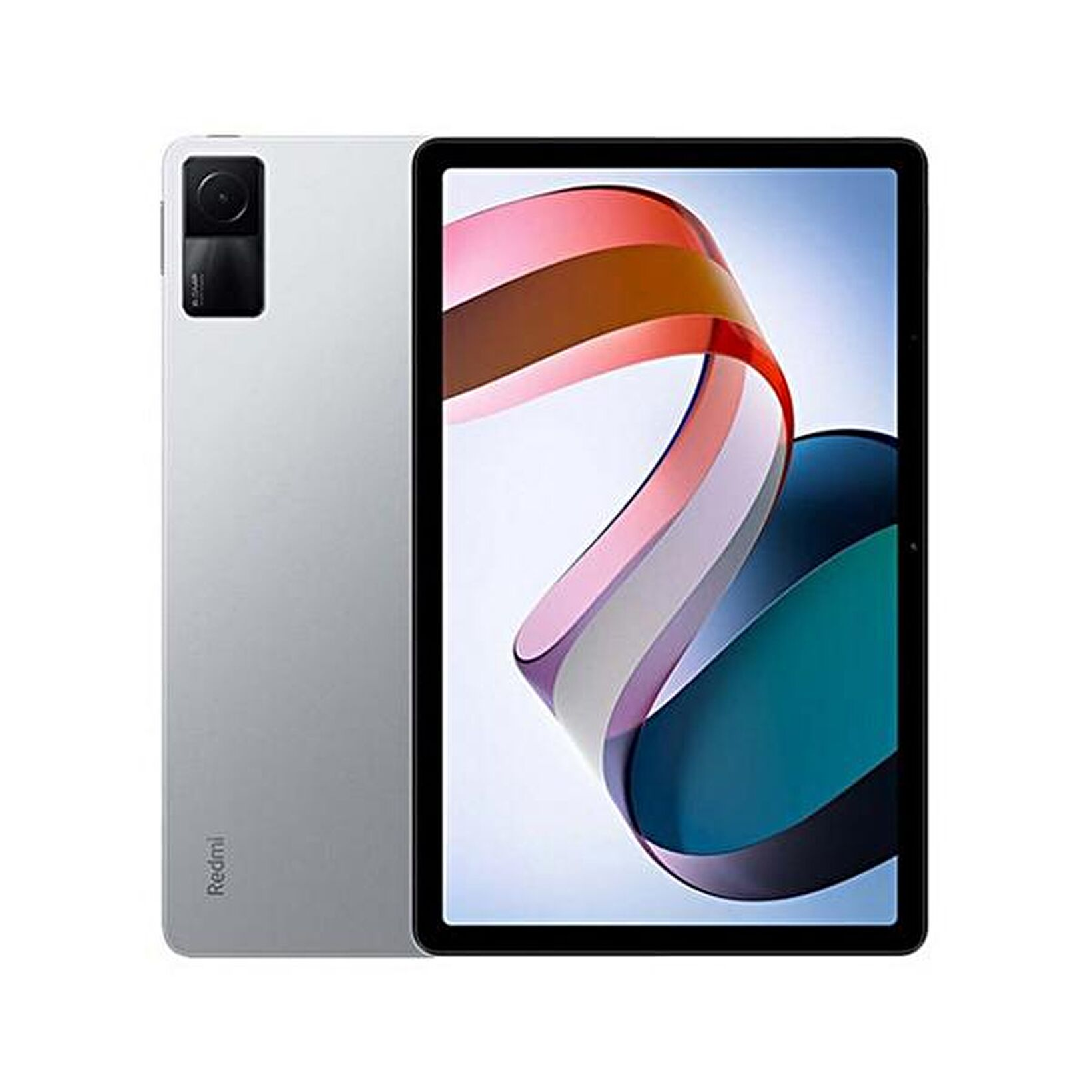 Gümüş renkli tablet, arka kamerası ve ekranında renkli duvar kağıdı.