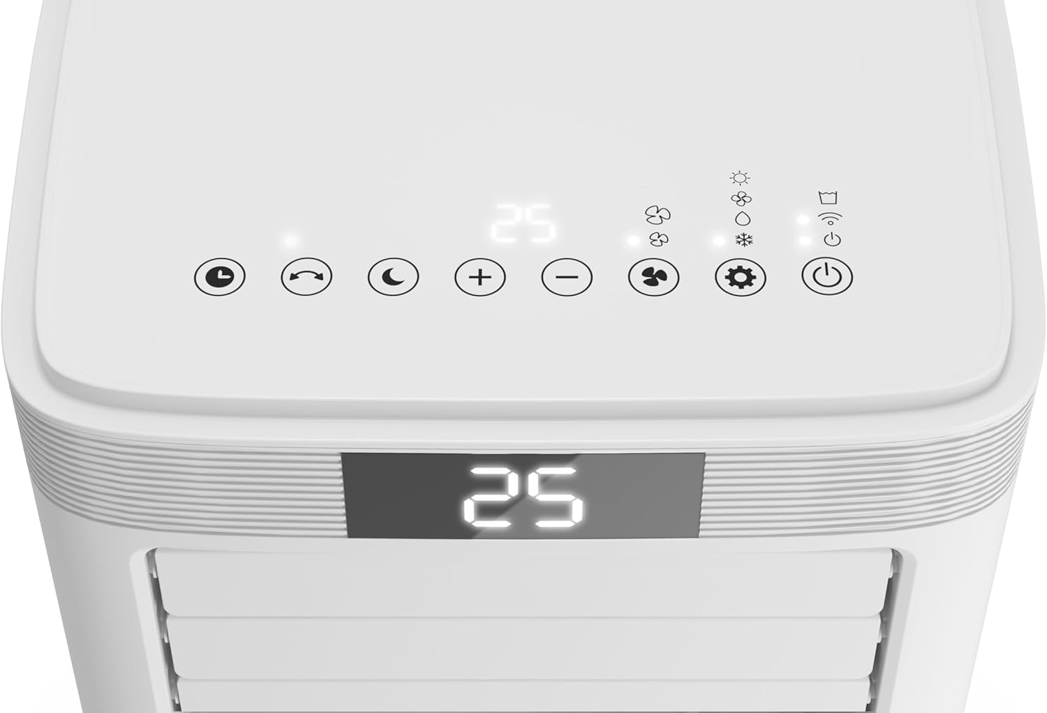 Wit bedieningspaneel draagbare airconditioner met digitaal display dat 25 toont.