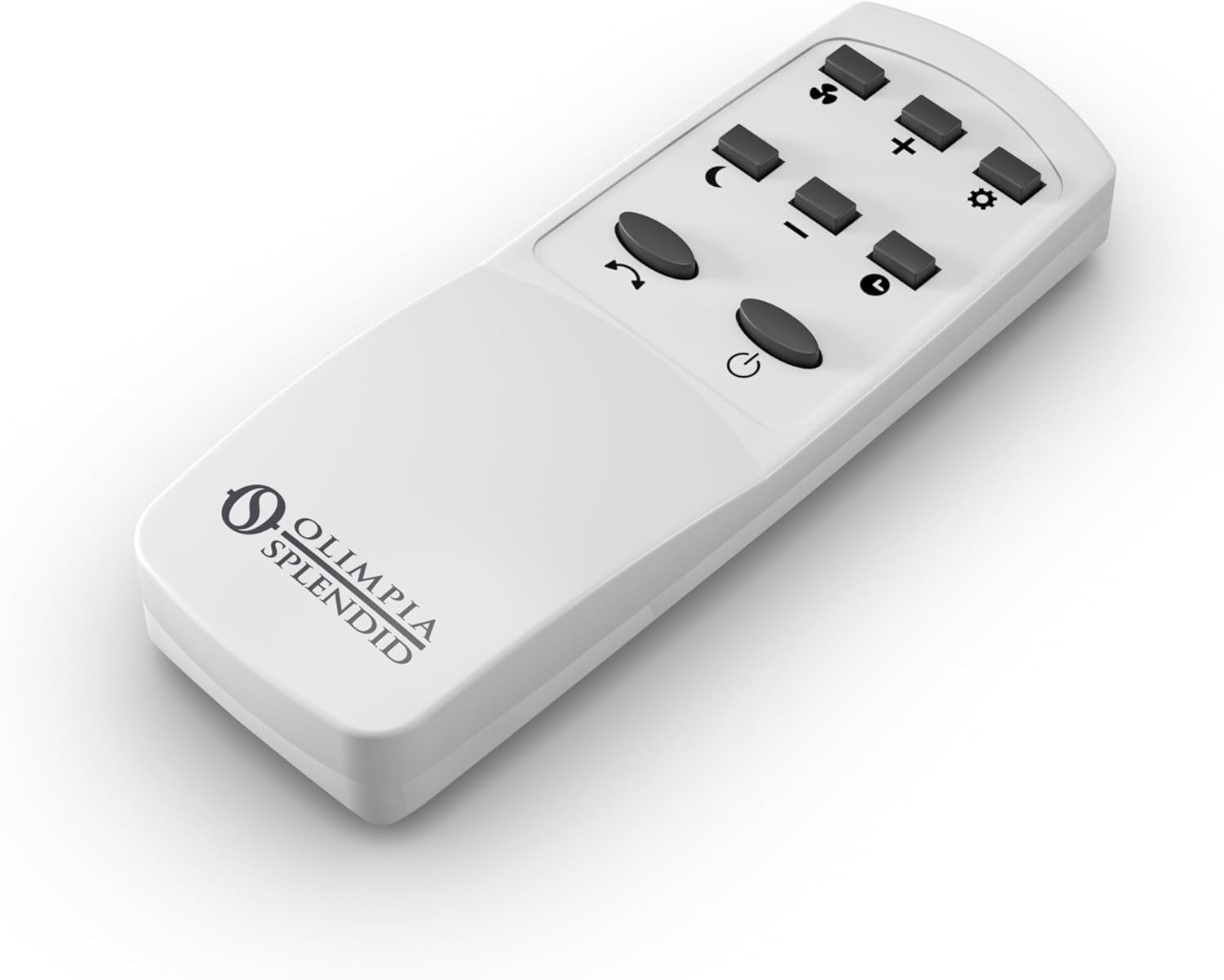 Wit afstandsbediening met Olympia Splendid logo en knoppen voor ventilator, timer, aan/uit en instellingen.