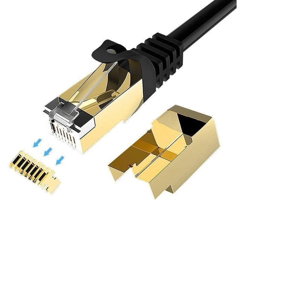 Siyah kablolu altın Ethernet konektörü ve ayrı parçalar.