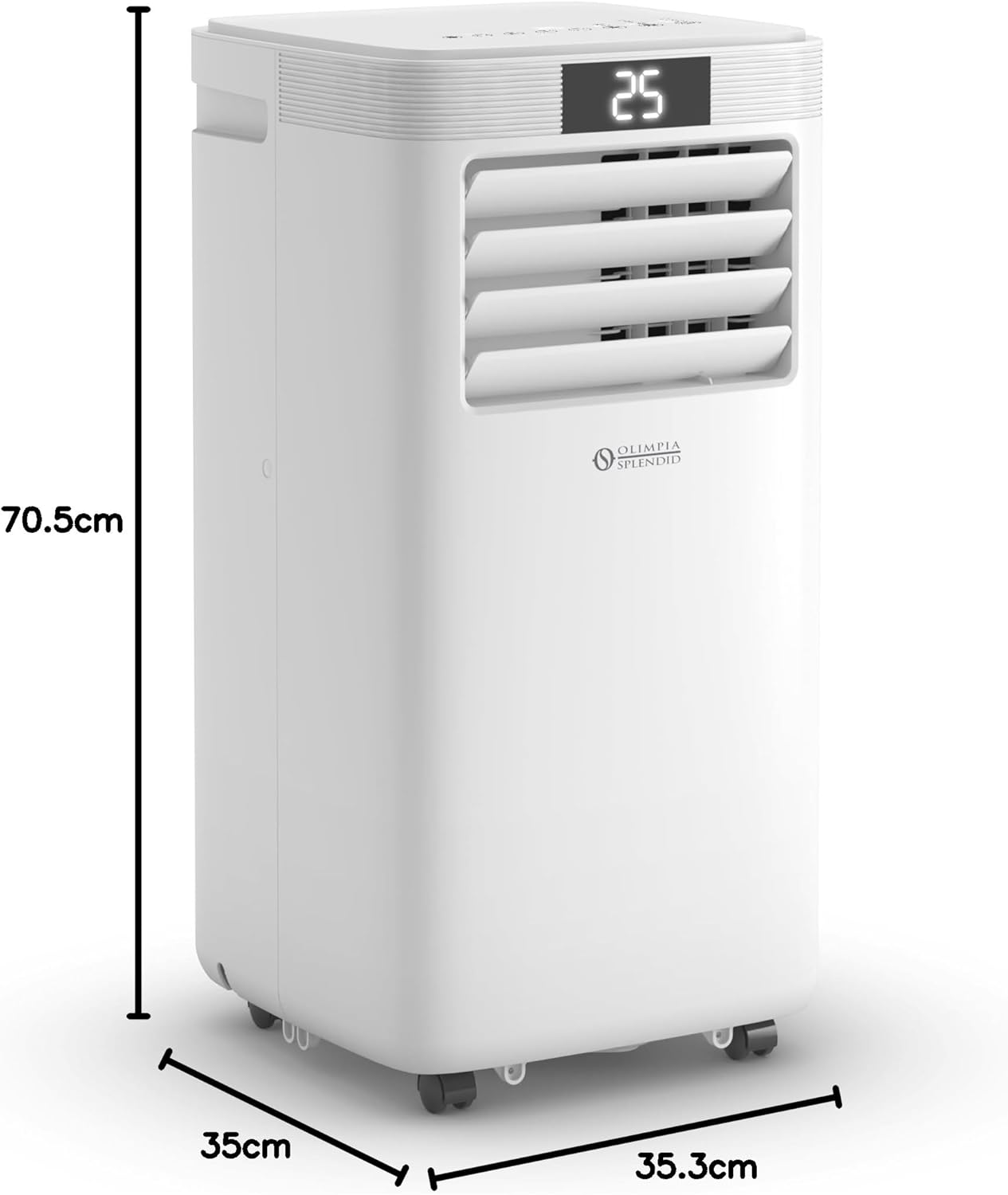 Een witte draagbare airconditioner met wielen en een digitaal display.