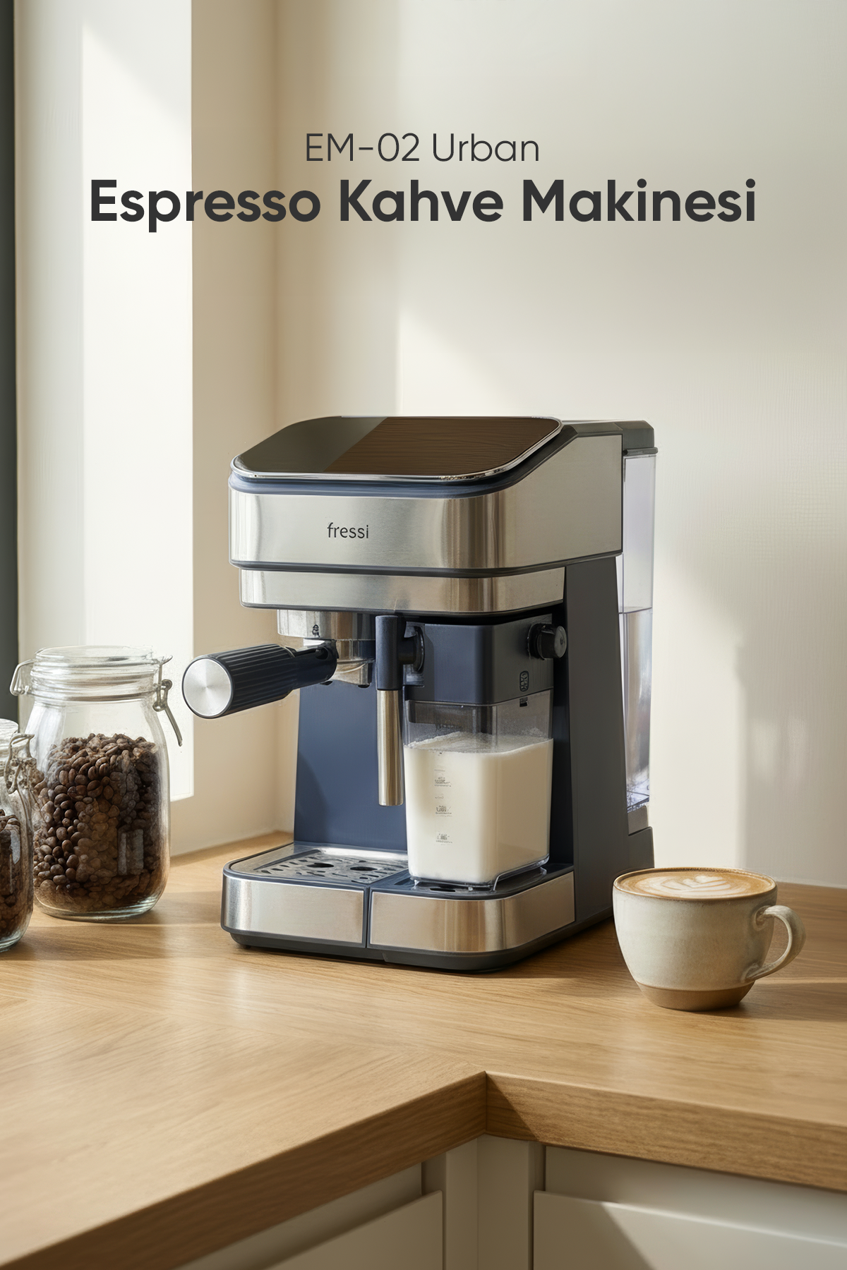 FRESSI Urban Espresso Latte Cappuccino Otomatik Süt Tanklı 20 Bar Basınçlı Kahve Makinesi Lacivert